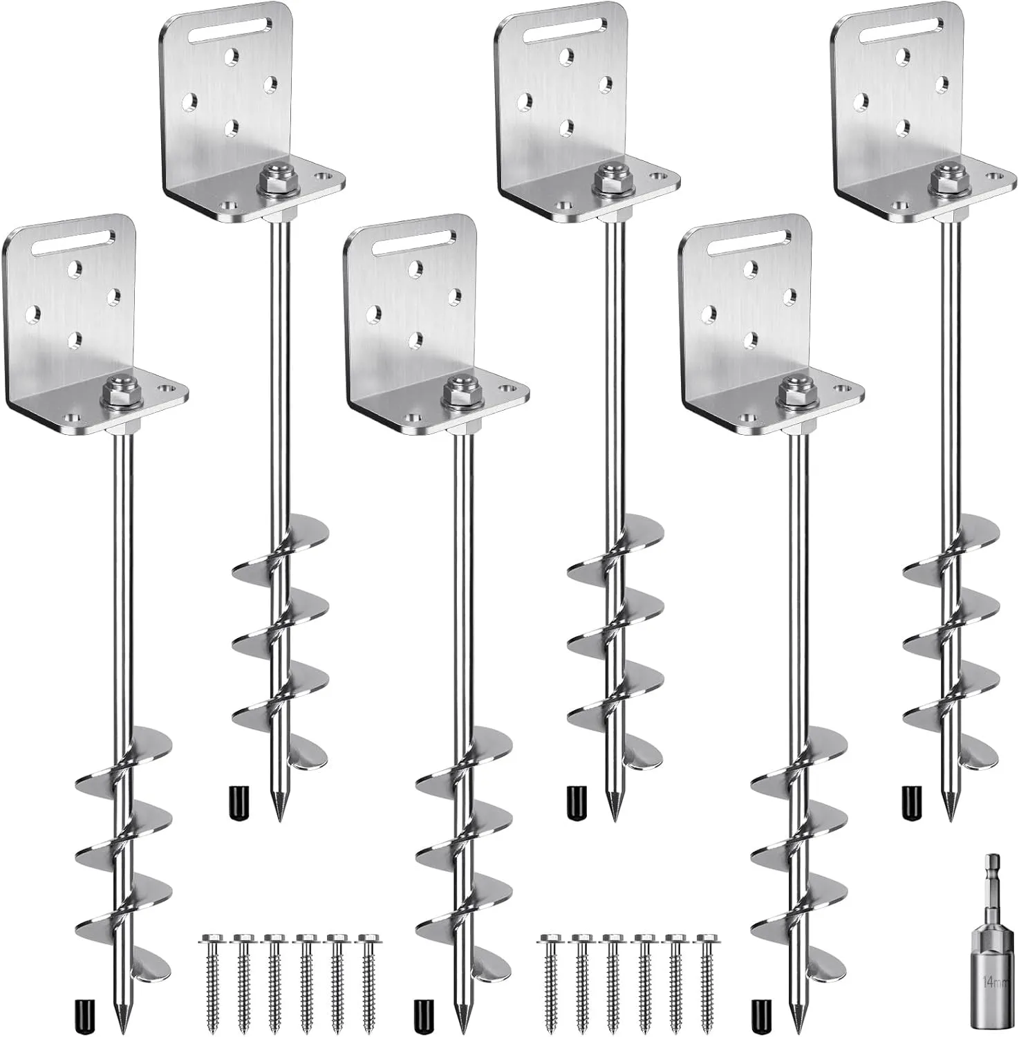 6 Pack 24" Ground Anchors Screw in Shed Earth Anchor Stakes Set with L Bracket Trampoline Anchor 20MM Spiral Swingset Anchors for Swing Set, Fence, Tent, Mobile Home, Canopy, Carport, Playset