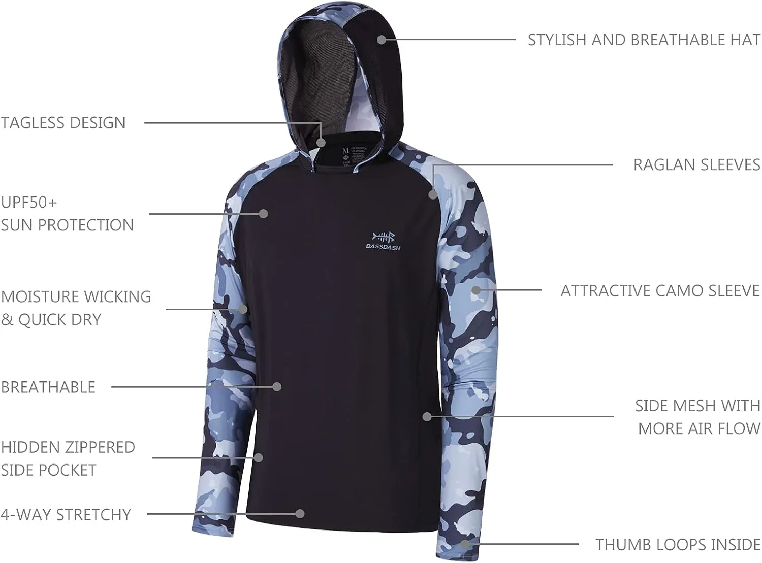 BASSDASH Mens UPF 50 Performance Fishing Shirt Cooling Hoodie Camo Long Sleeve FS17M