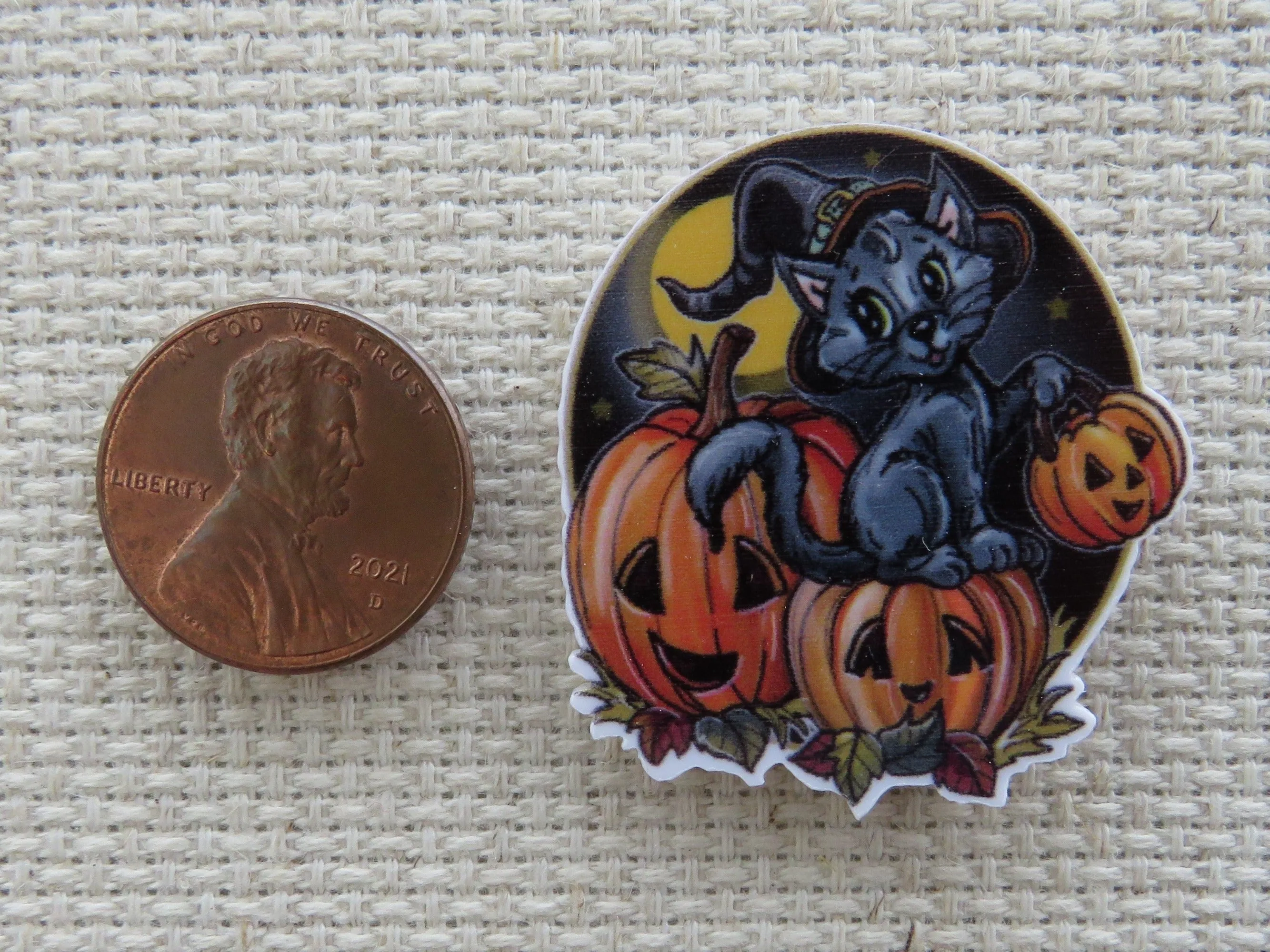 Black Cat Sitting on Carved Pumpkins Needle Minder, Cover Minder, Magnet