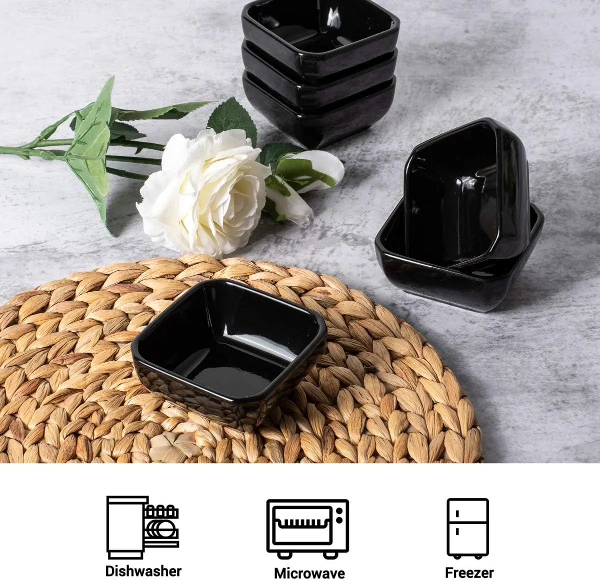 DELLING Ultra-Strong 3 Oz Ceramic Dip Bowls Set, Black Dipping Sauce Bowls/Dishes for Tomato Sauce, Soy, BBQ and other Party Supplies - Set of 6