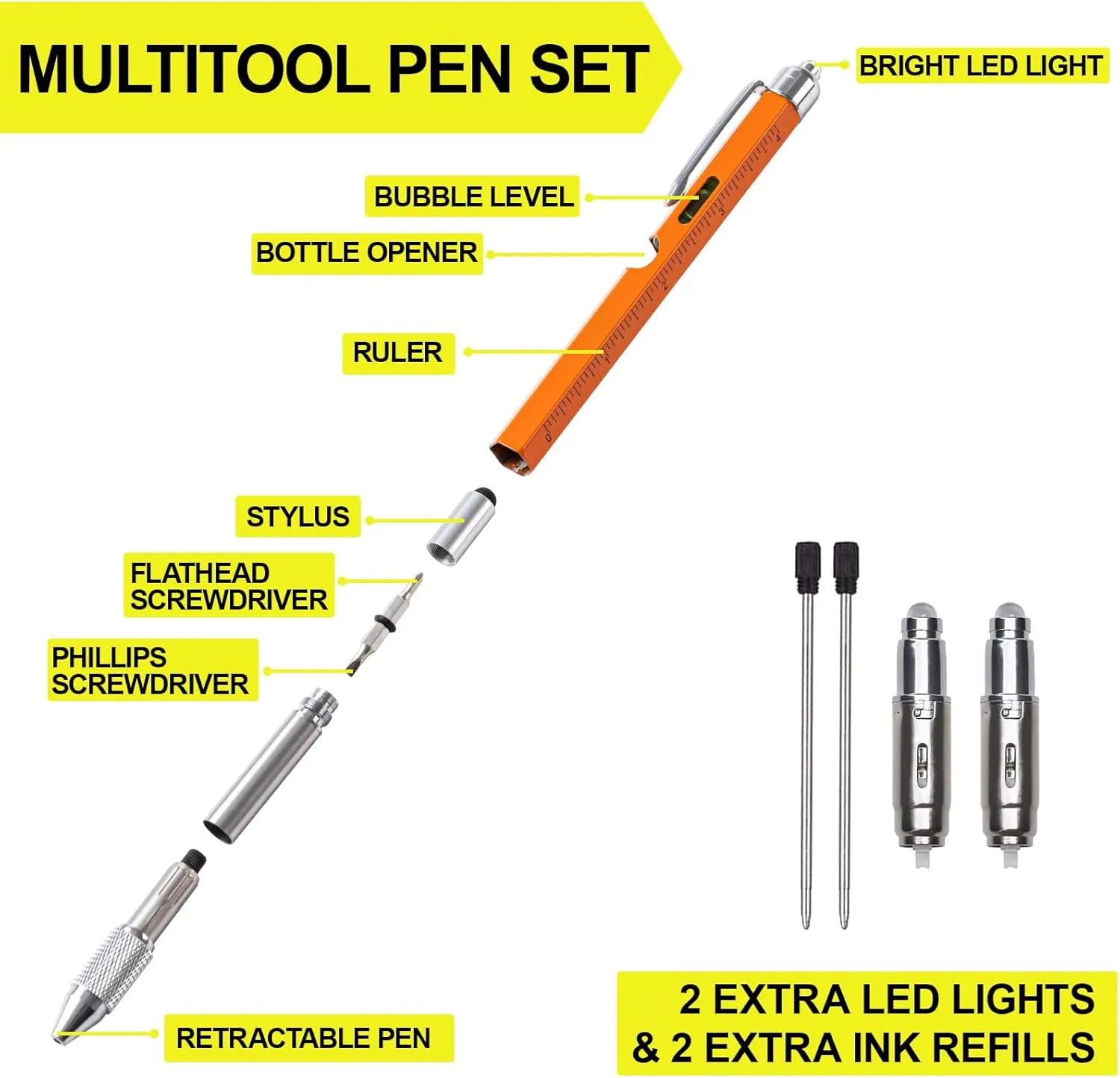 Fathers Day Dad Gifts for Dad Husband, 9 in 1 Multitool Pen Set with LED, Stylus, Level, Screwdriver, Fathers Day Gift from Daughter Wife Son, Gadgets for Men, Father, Orange,1 Pack