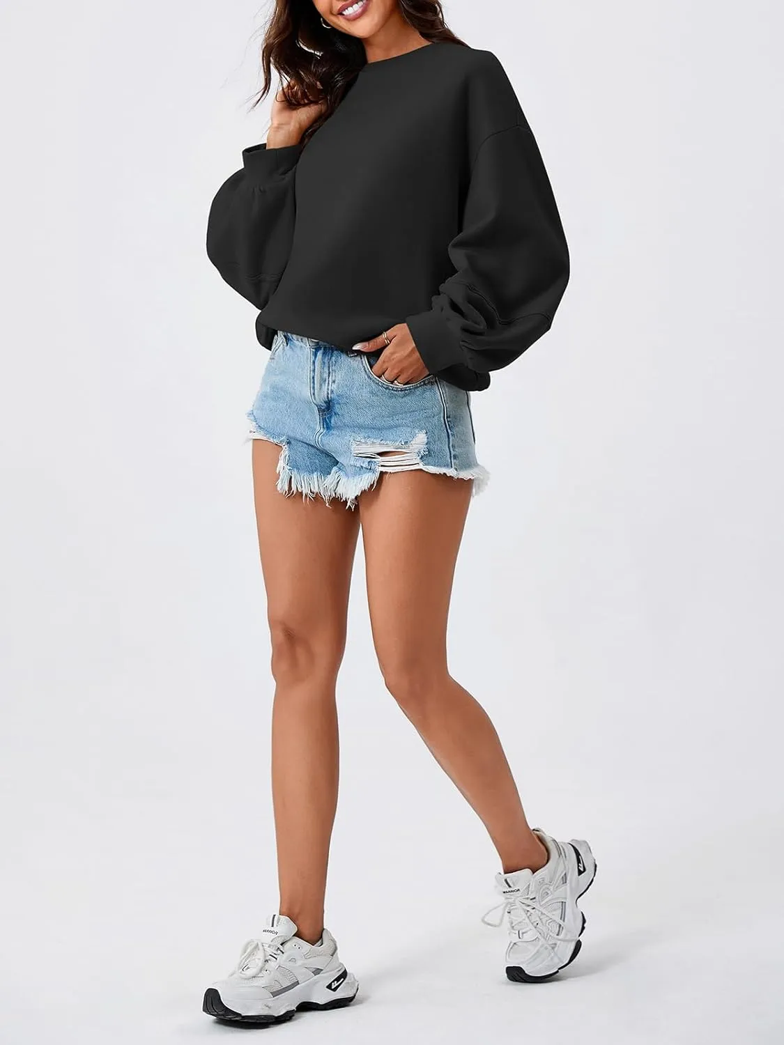 Fisoew Womens Oversized Crewneck Sweatshirt Casual Long Lantern Sleeve Fall Pullover Tops