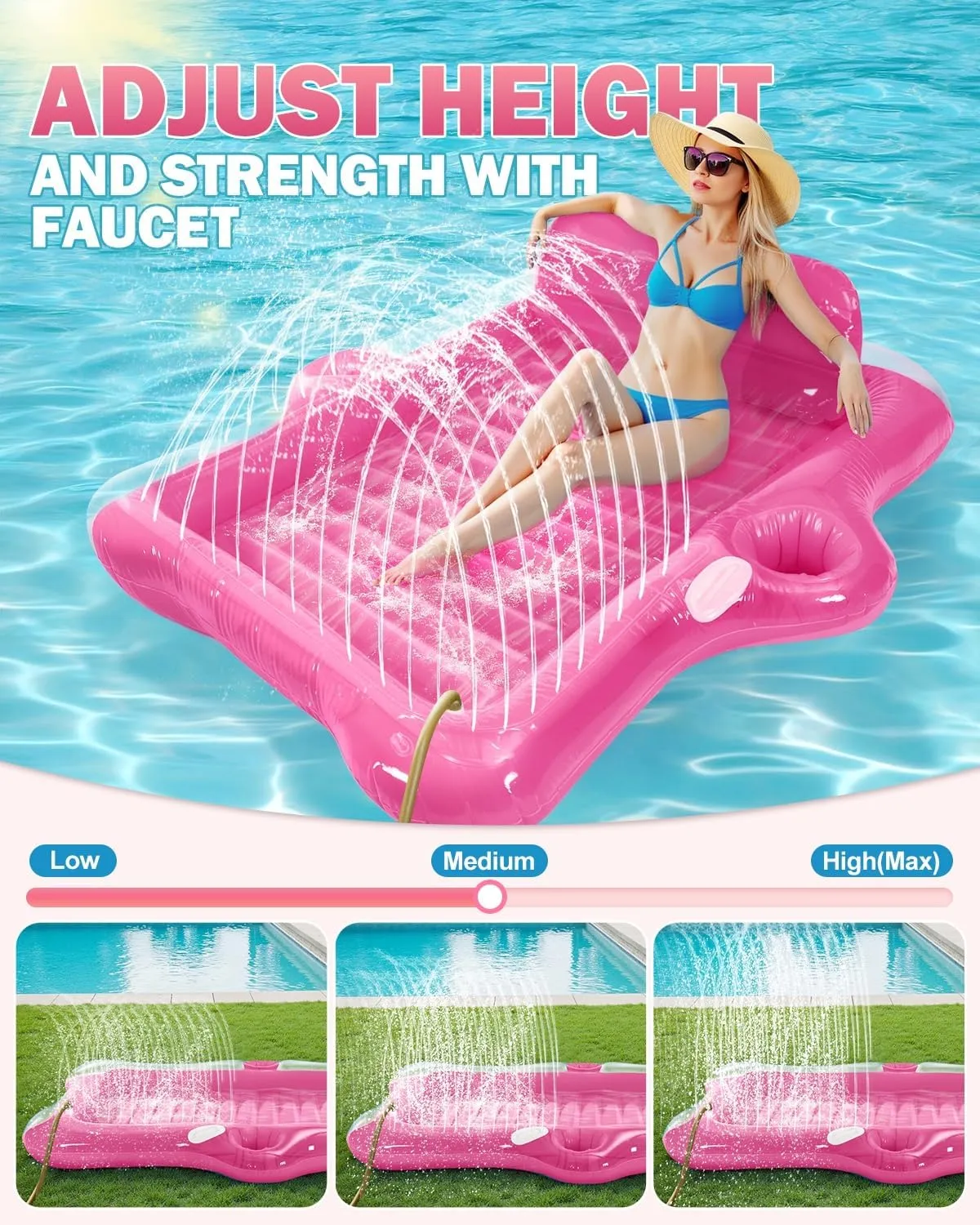 Inflatable Tanning Pool Lounger Float, 72" x 61"Pool Floats Adult with Automatic Spray Cooling, 5 in 1 Suntan Tub Raft Floatie, Sunbathing Bed Lounge for Pool Party Yard Tanning Summer Gift