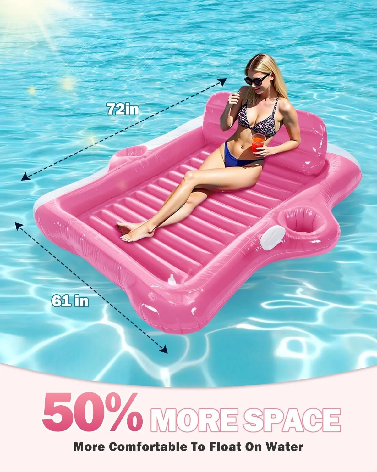 Inflatable Tanning Pool Lounger Float, 72" x 61"Pool Floats Adult with Automatic Spray Cooling, 5 in 1 Suntan Tub Raft Floatie, Sunbathing Bed Lounge for Pool Party Yard Tanning Summer Gift