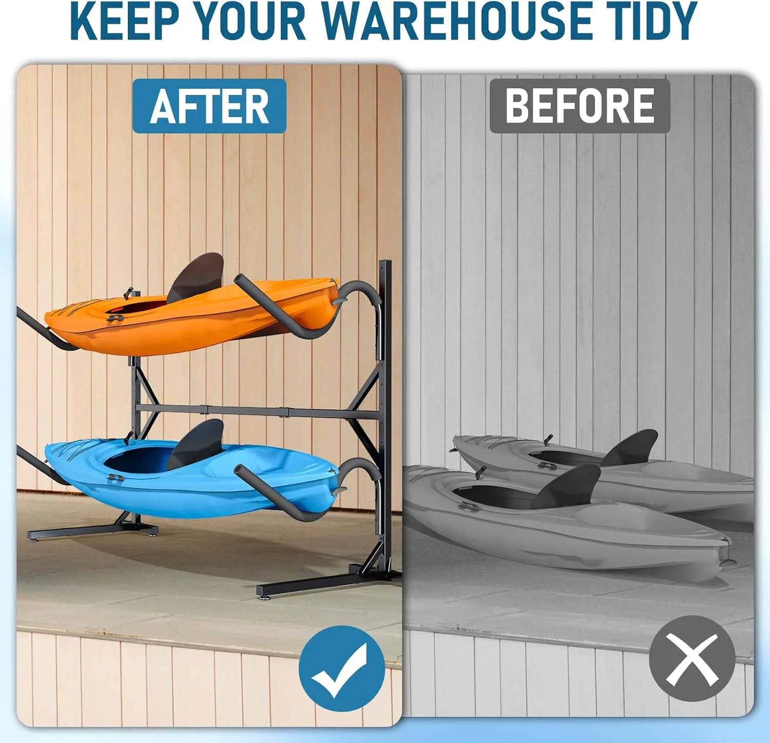 Kayak Storage Rack, Heavy Duty Freestanding Kayak Rack for Garage and Outdoor Storage, Kayak Stand Adjustable for Kayak, Canoe, Surfboard and Paddle Board
