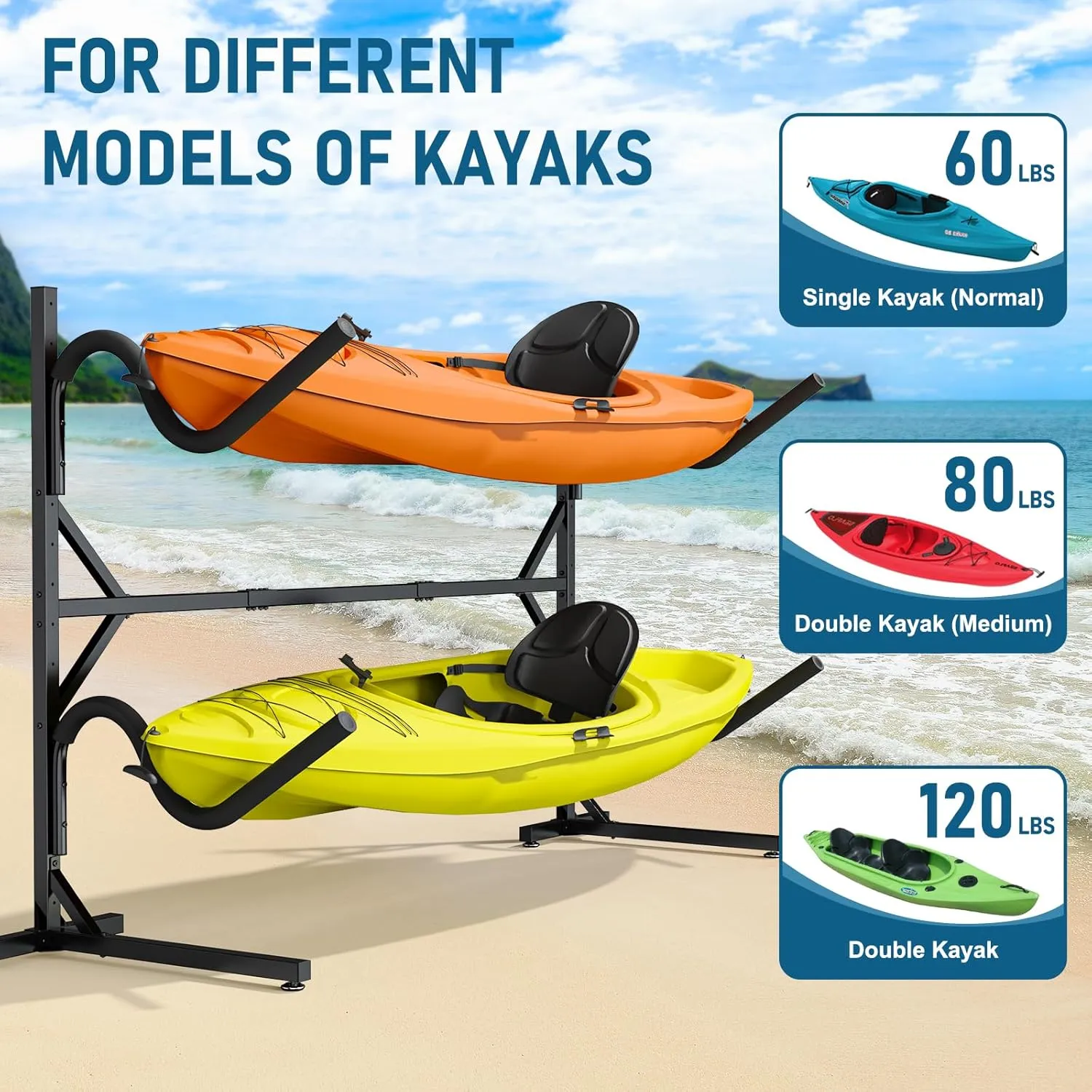 Kayak Storage Rack, Heavy Duty Freestanding Kayak Rack for Garage and Outdoor Storage, Kayak Stand Adjustable for Kayak, Canoe, Surfboard and Paddle Board