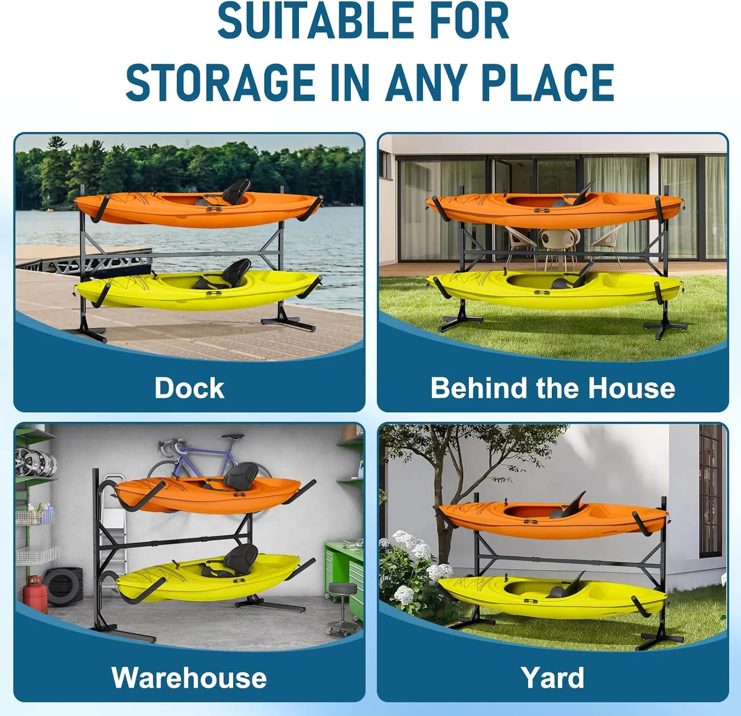 Kayak Storage Rack, Heavy Duty Freestanding Kayak Rack for Garage and Outdoor Storage, Kayak Stand Adjustable for Kayak, Canoe, Surfboard and Paddle Board
