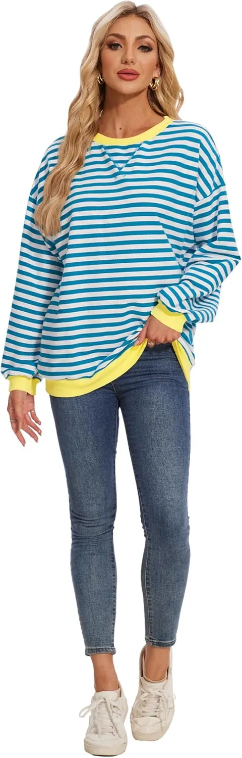 LOZ Women Striped Oversized Sweatshirt Long Sleeve Crewneck Hoodies Shirts Pullover Top Trendy Clothes with Pockets