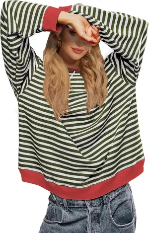 LOZ Women Striped Oversized Sweatshirt Long Sleeve Crewneck Hoodies Shirts Pullover Top Trendy Clothes with Pockets