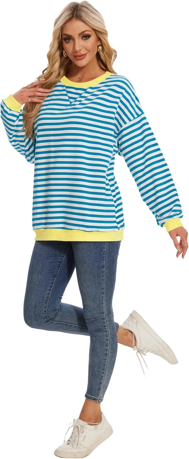 LOZ Women Striped Oversized Sweatshirt Long Sleeve Crewneck Hoodies Shirts Pullover Top Trendy Clothes with Pockets