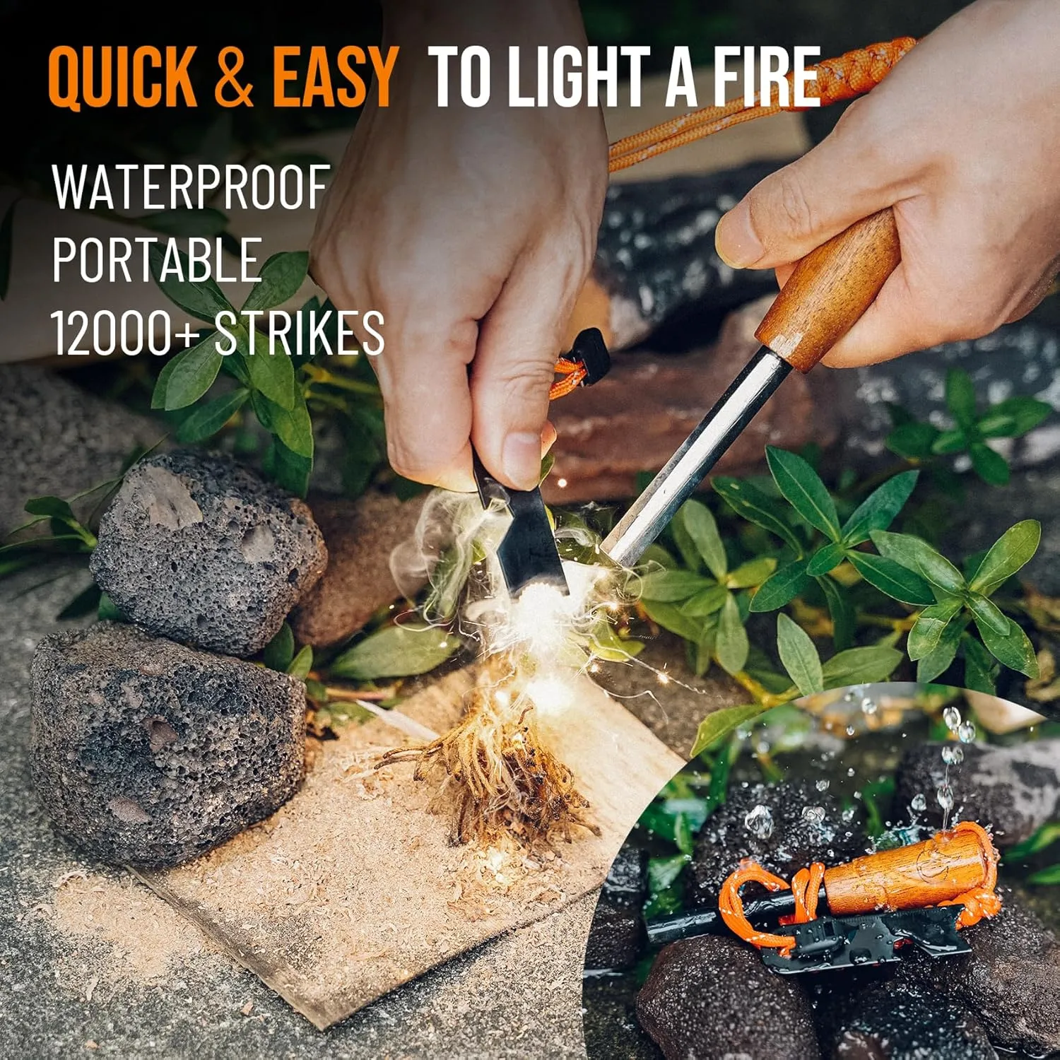 ONLYFIRE OUTDOOR LIVING Fire Starter Survival Tool, Ferro Rod Kit with Tinder Wick, Pouch, Waterproof Flint and Steel Fire Starter for Camping, Hiking and Backpacking Gear