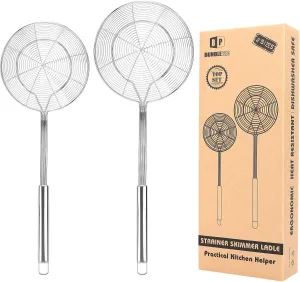 Pack of 2 Large Spider Strainer, Stainless Steel Skimmer Basket,Kitchen Ladle Strainers,Mesh Spoons with Long Handle, Cooking Tools for Frying, Boiling Noodles, Dumplings, Pasta