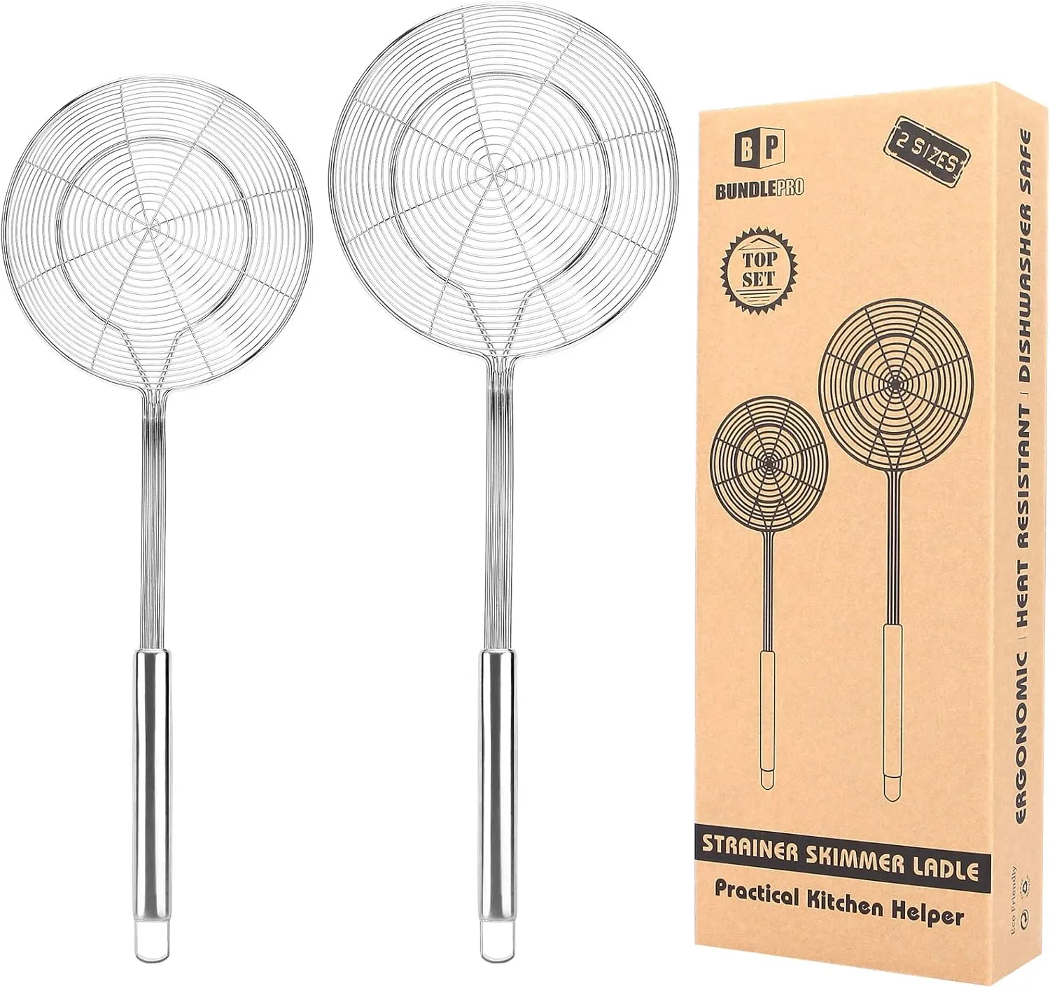 Pack of 2 Large Spider Strainer, Stainless Steel Skimmer Basket,Kitchen Ladle Strainers,Mesh Spoons with Long Handle, Cooking Tools for Frying, Boiling Noodles, Dumplings, Pasta