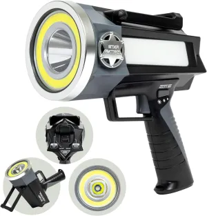Platinum Mega-Bright Rechargeable Spotlight, AS-SEEN-ON-TV, Tactical Flashlight, 10 Modes, Turbo Boost Up to 100%, Built-in Kickstand & Phone Charger, for Camping,Emergencies, 9 in, Black