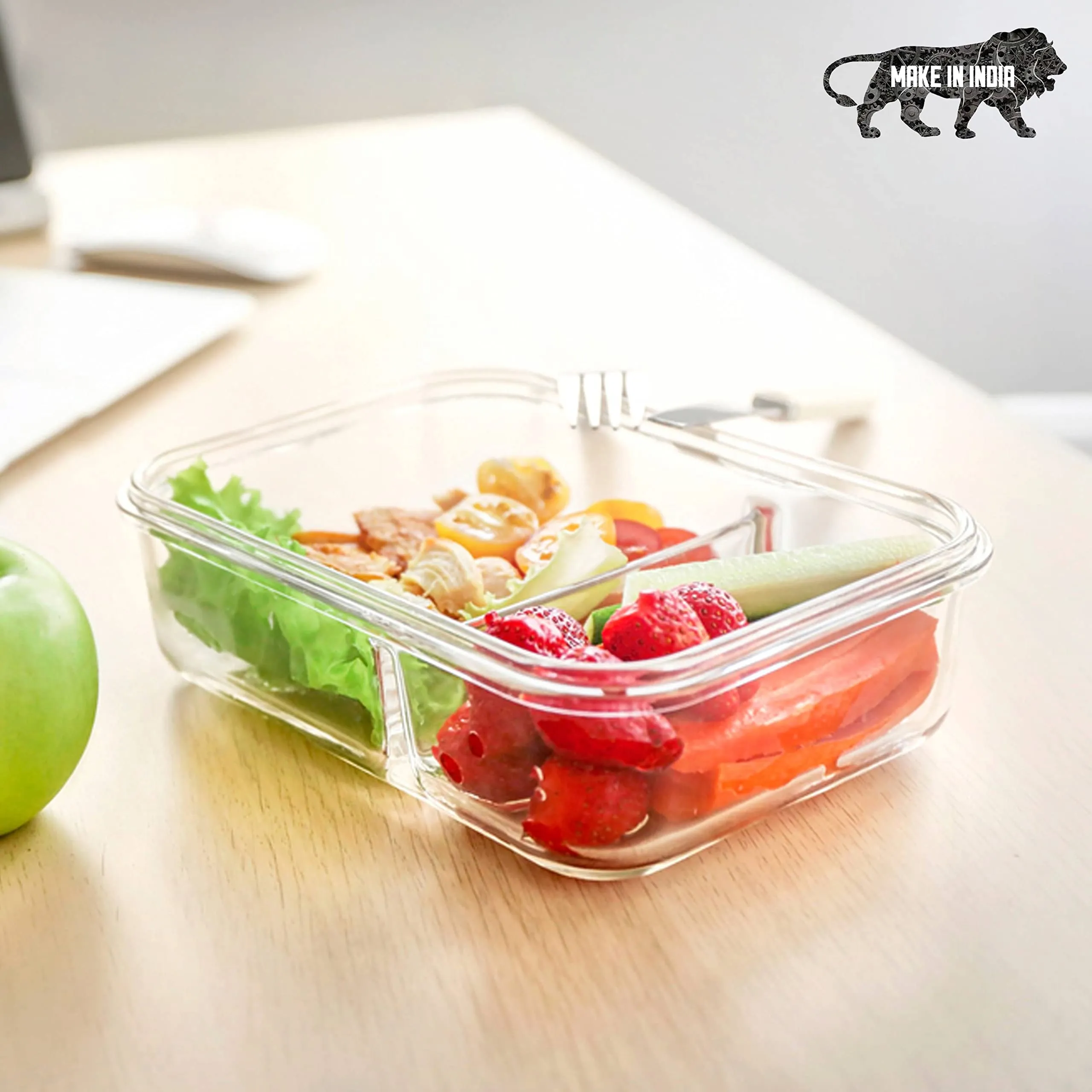 SIMPARTE Slim High Borosilicate Bakeware Safe Glass Small 2 Partition/Compartment Lunch Box, Food Storage Jars and Container, Snack, Lunch Box, Kitchen Storage Organizer 640 ML, Clear