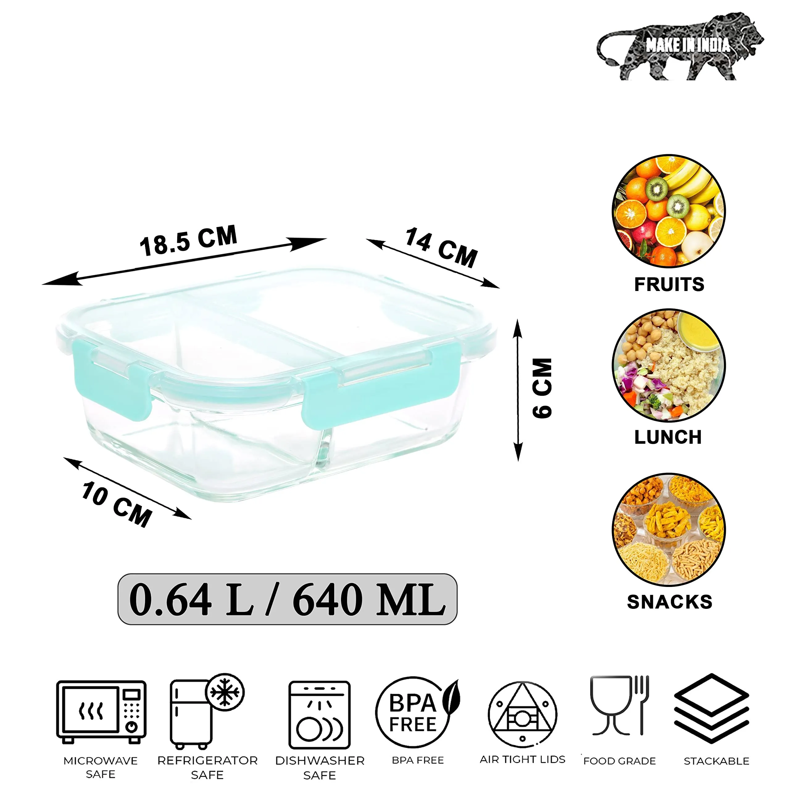 SIMPARTE Slim High Borosilicate Bakeware Safe Glass Small 2 Partition/Compartment Lunch Box, Food Storage Jars and Container, Snack, Lunch Box, Kitchen Storage Organizer 640 ML, Clear