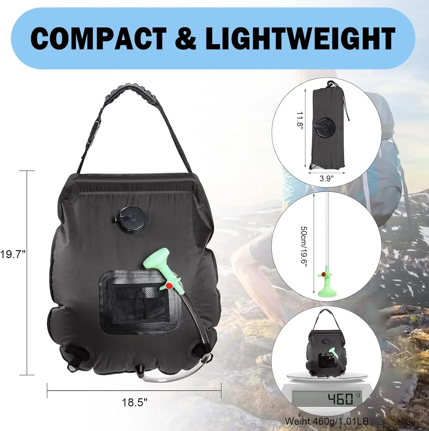 Solar Shower Bag | 5 Gal/20L Solar Heating Camping Shower Bag | Removable Hose | On-Off Switchable Shower Head | Ducha Portatil | Traveling Shower | Portable Shower for Beach Swimming, Hiking
