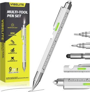VIBELITE Fathers Day Dad Gifts for Dad Husband, 9 in 1 Multitool Pen Set with LED, Stylus, Level, Screwdriver, Fathers Day Gift from Daughter Wife Son, Gadgets for Men, Father, Silver, 1 Pack